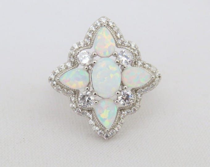 Vintage Sterling Silver White Opal & White Topaz Ring Size 7