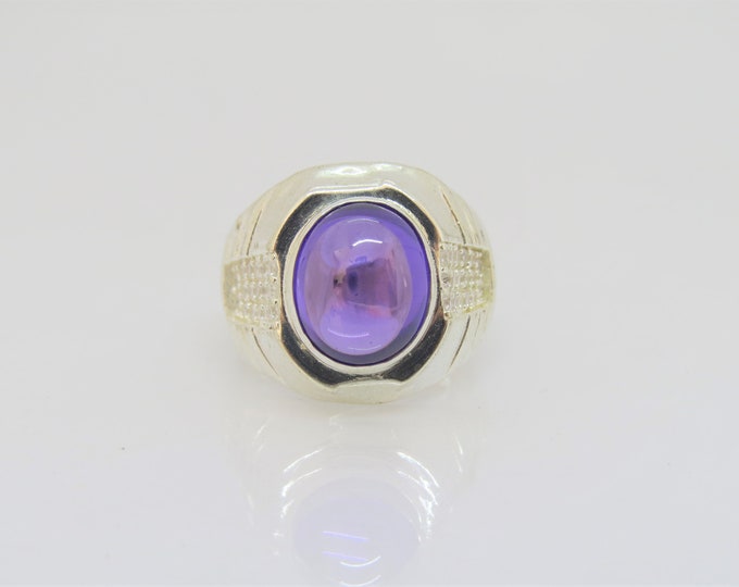 Vintage Sterling Silver Oval Amethyst Cabochon & White Topaz Men's Ring Size 9