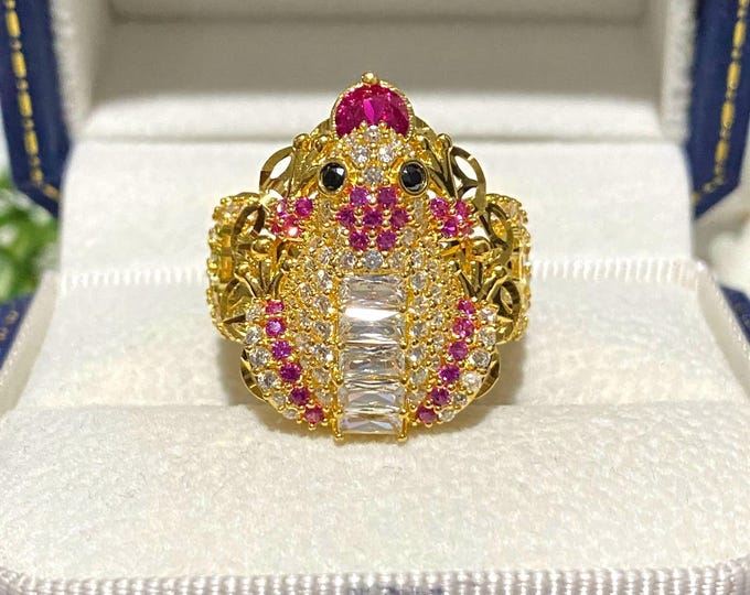 Vintage 15K 610 Solid Yellow Gold Ruby & White Topaz Black Sapphire Eye's Frog Ring Size 7