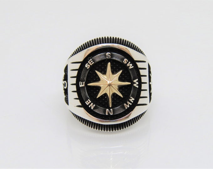 Vintage Sterling Silver Two Tone Compass Men Ring Size 9