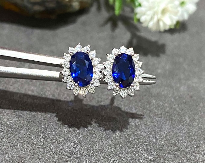 Vintage Sterling Silver Oval cut Blue Sapphire & White Topaz Earrings.