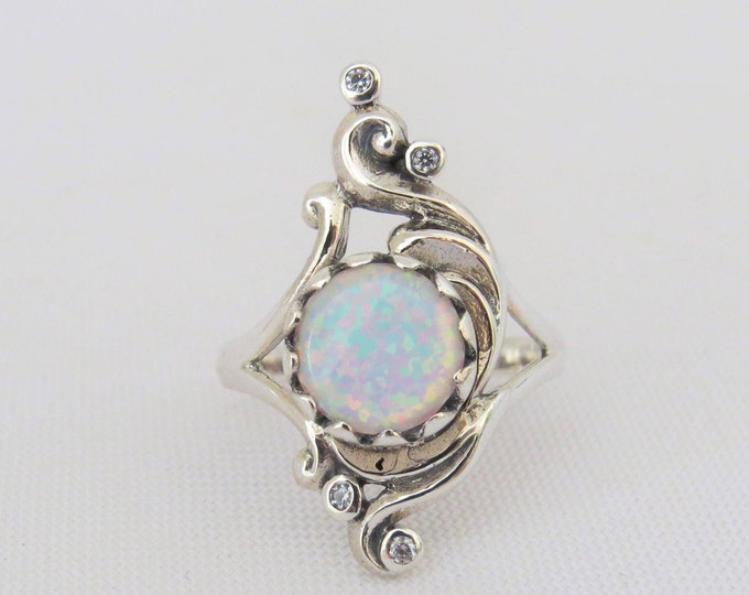 Vintage Sterling Silver Round cut White Opal & White Topaz Long Ring Size 9