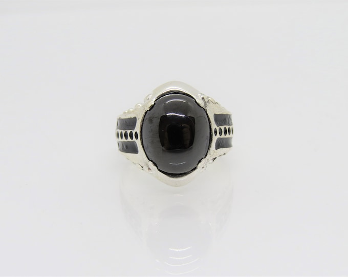 Vintage Sterling Silver Black Enamel Black Onyx Cabochon Men's Ring Size 9.5