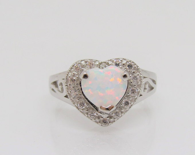 Vintage Sterling Silver White Opal & White Topaz Heart Filigree Ring Size 8