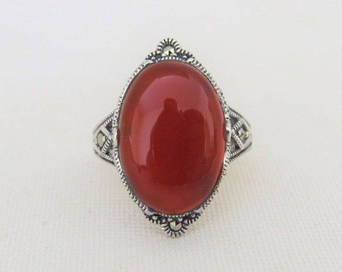 Vintage Sterling Silver Carnelian & Marcasite Ring Size 10