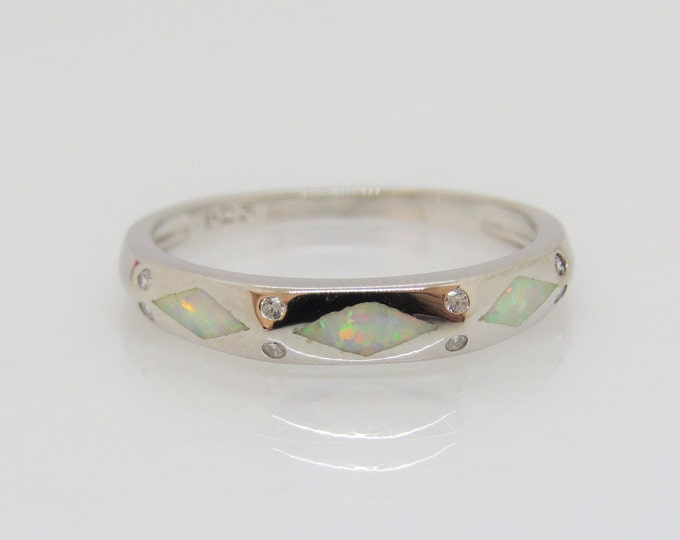 Vintage Sterling Silver White Opal & White Topaz Band Ring Size 7