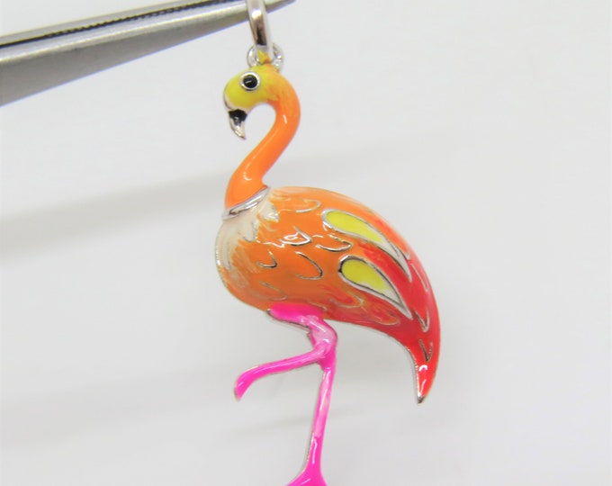 Vintage Sterling Silver Enamel Flamingo Pendant