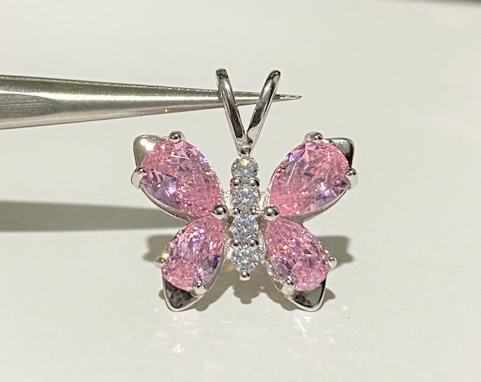 Sterling Silver Pink Sapphire & White Topaz Butterfly Pendant.
