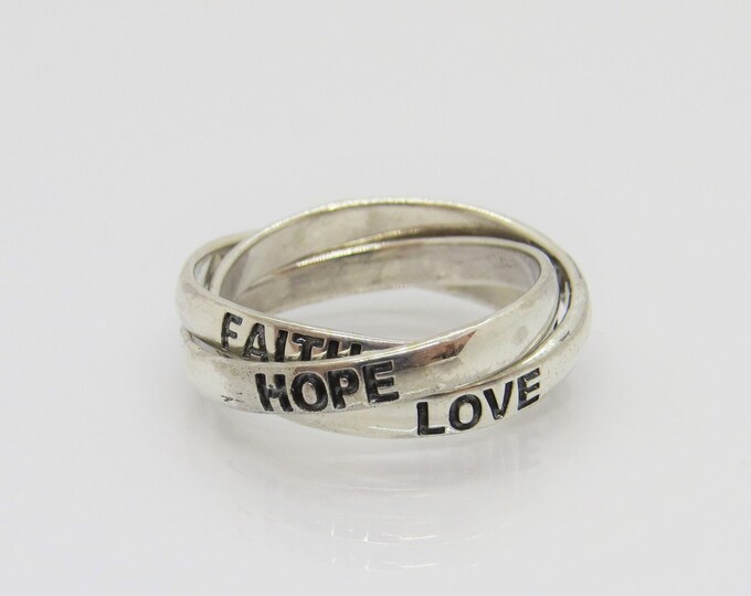 Vintage Sterling Silver Triple Band Hope, Love, and Faith Ring Size 8.5