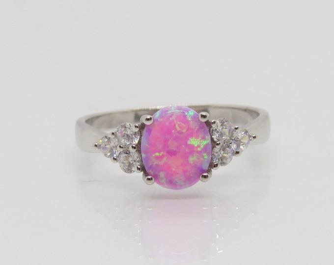 Vintage Sterling Silver Pink Opal & White Topaz Ring Size 9