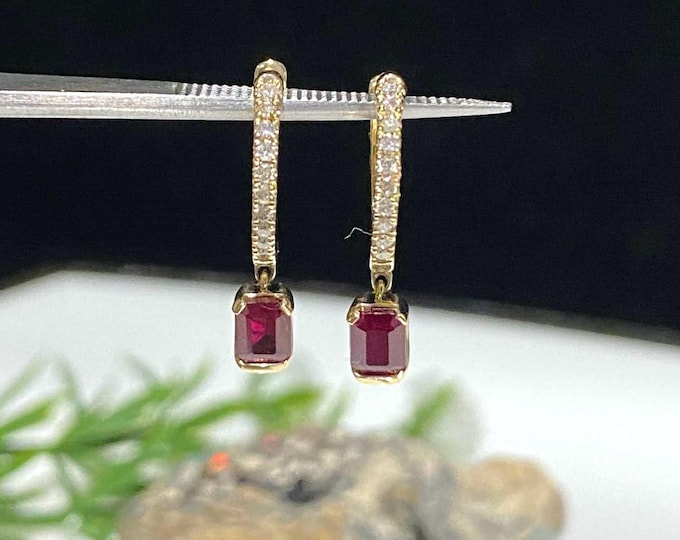 Vintage 14K Solid Yellow Gold Genuine Ruby & Diamond Hoop Earrings.