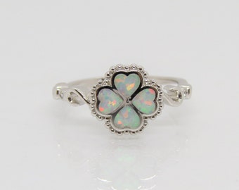 Vintage Sterling Silver White Opal & White Topaz Clover Ring Size 7