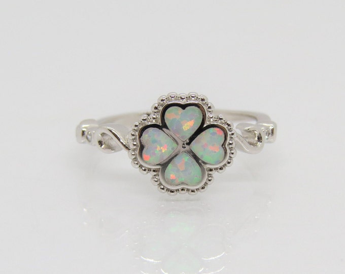 Vintage Sterling Silver White Opal & White Topaz Clover Ring