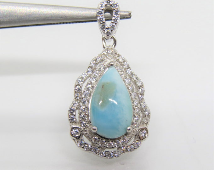 Vintage Sterling Silver Pear cut Larimar & White Topaz Pendant