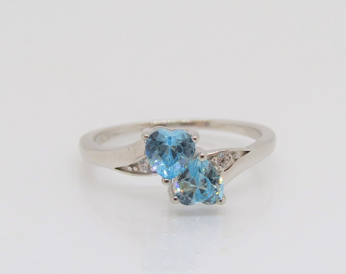 Vintage Sterling Silver Heart cut Blue Topaz & White Topaz Ring Size 8