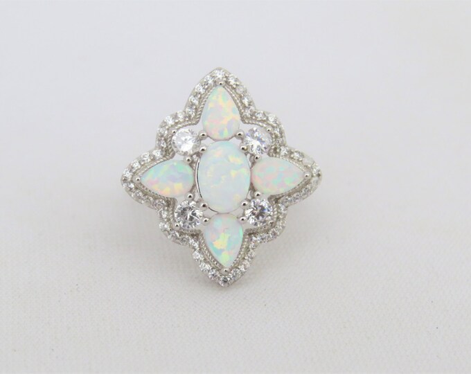 Vintage Sterling Silver White Opal & White Topaz Ring Size 8