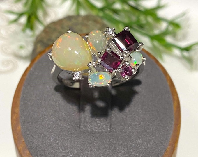 Vintage Sterling Silver Natural Fire Opal, Rhodolite & White Topaz Ring Size 9