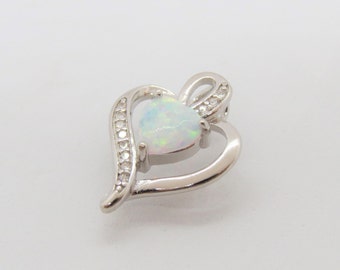 Vintage Sterling Silver White Opal & White Topaz Heart Pendant