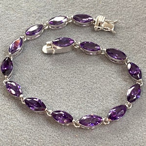 Sterling Silver Marquise cut Amethyst Link Bracelet 7''