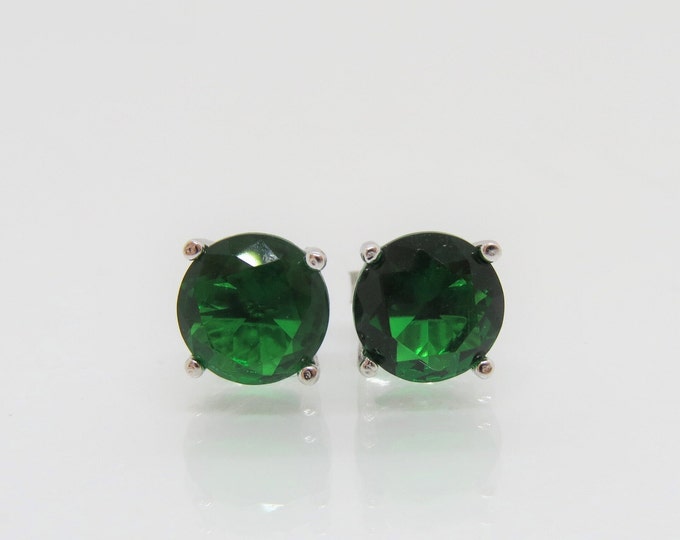 Sterling Silver Round cut Emerald Stud Earrings 8MM