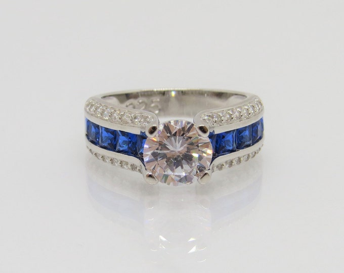 Vintage Sterling Silver White Topaz & Blue Sapphire Ring Size 8