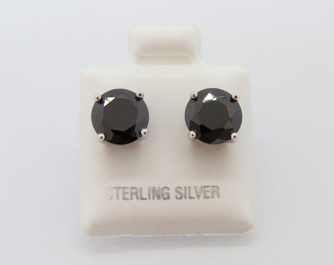 Vintage Sterling Silver Round cut Black Sapphire Stud Earrings 8MM