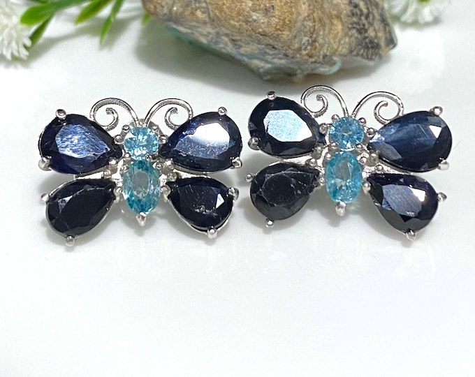Vintage Sterling Silver Natural Blue Sapphire & Aquamarine Butterfly Earrings.