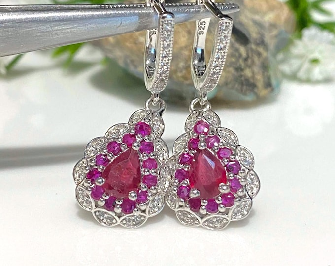 Vintage Sterling Silver Natural Ruby & White Topaz Dangle Earrings.