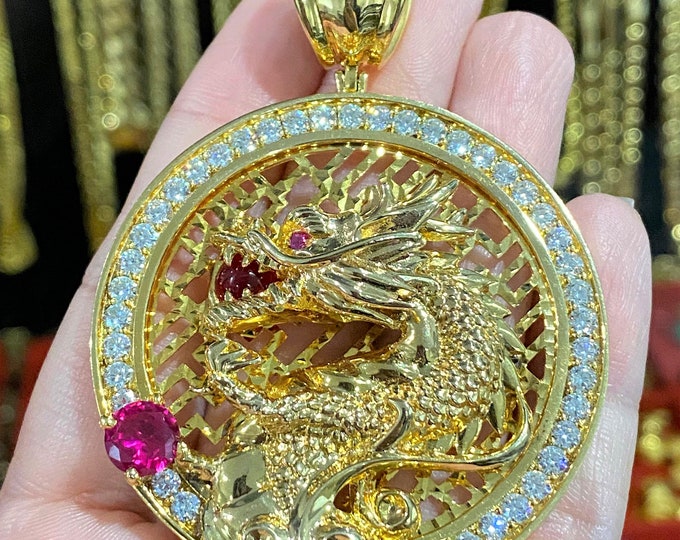 Vintage 610 15K Solid Yellow Gold Ruby & White Topaz Dragon Pendant.