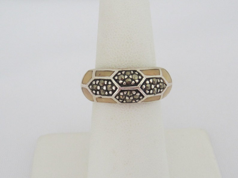 Vintage Sterling Silver Marcasite Inlay MOP Dome Ring Size 6.25