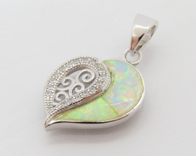 Vintage Sterling Silver White Opal & White Topaz Heart Charm Pendant