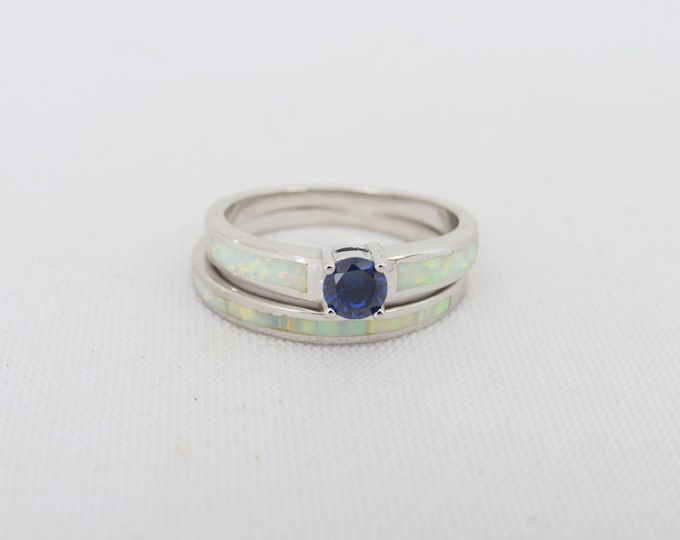 Vintage Sterling Silver Tanzanite & Inlay White Opal Ring Set Size 7