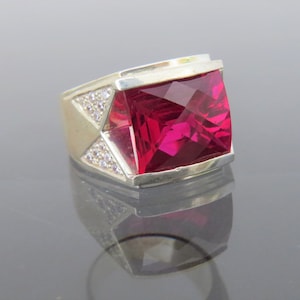 Vintage Sterling Silver Faceted Ruby & White Topaz Men's Ring Size 8.75 image 1