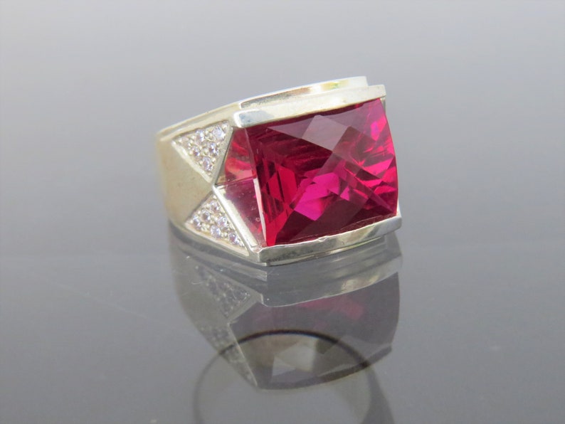 Vintage Sterling Silver Faceted Ruby & White Topaz Men's Ring Size 8.75 image 1