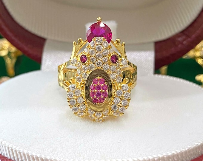 Vintage 15K 610 Solid Yellow Gold Ruby & White Topaz Ruby Eye's Frog Ring Size 6.5