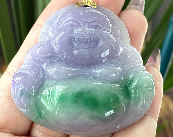 Vintage 14K Solid Yellow Gold Green, Purple Jadeite Jade Laughing Buddha, Happy Buddha Pendant Mat Ong Dia, Mat Phat Di Lac.