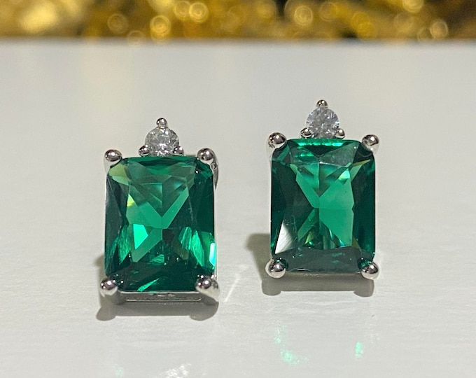 Vintage Sterling Silver Emerald & White Topaz Stud Earrings