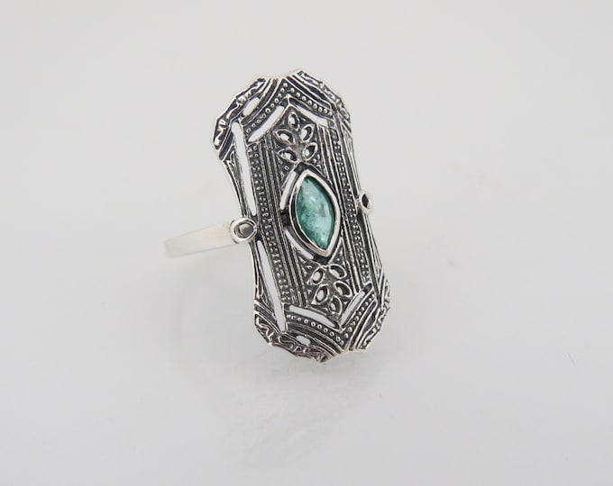 Vintage Sterling Silver Natural Emerald Filigree Long Ring Size 9