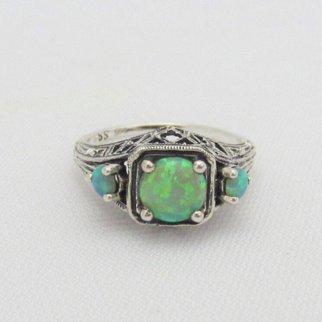 Vintage Sterling Silver Green Opal Filigree Ring Size 8 - Etsy