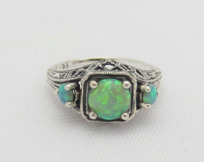 Vintage Sterling Silver Green Opal Filigree Ring Size 8