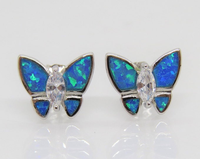 Sterling Silver Blue Opal & White Topaz Butterfly Earrings