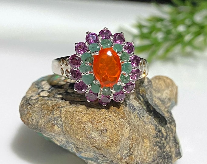 Vintage Sterling Silver Natural Orange Fire Opal, Emerald & Rhodolite Ring Size 9