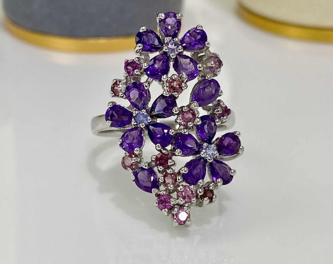 Vintage Sterling Silver Natural Amethyst & Tourmaline Flowers Long Ring Size 8 3/4