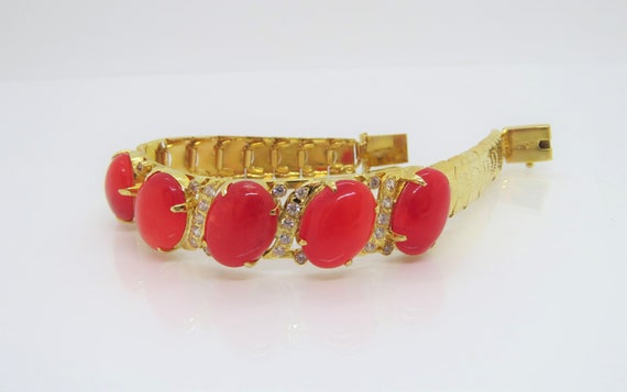 Vintage 18K Solid Yellow Gold Translucent Red Jad… - image 3