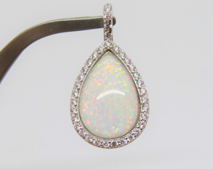 Vintage Sterling Silver White Opal & White Topaz Halo Pendant