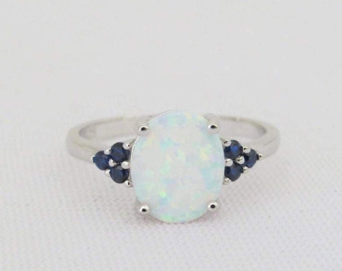 Vintage Sterling Silver White Opal & Blue Sapphire Ring Size 9