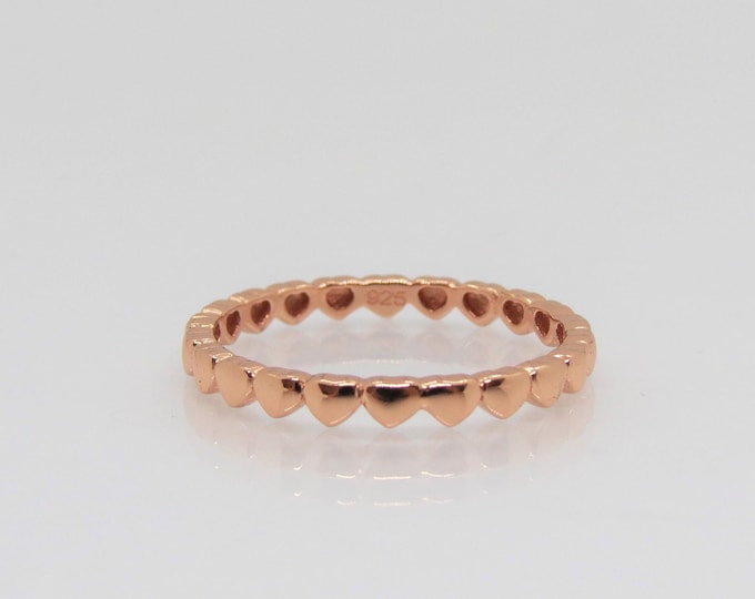 Vintage Sterling Silver Rose Gold Plated Heart Eternity Band Ring Size 7