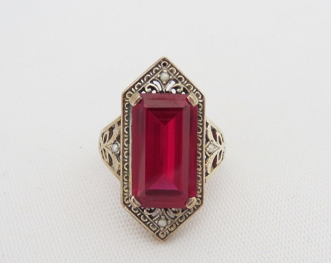 Vintage Sterling Silver Ruby & Seed Pearl Filigree Ring Size 9