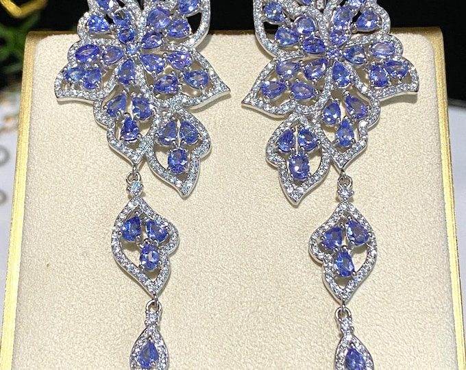 Vintage Sterling Silver Natural Tanzanite & White Topaz Dangle Earrings.