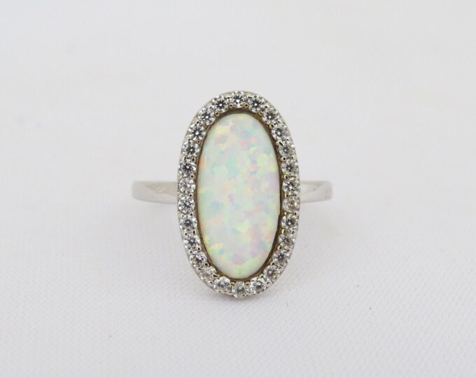 Vintage Sterling Silver Fire Opal & White Topaz Halo Ring Size 5